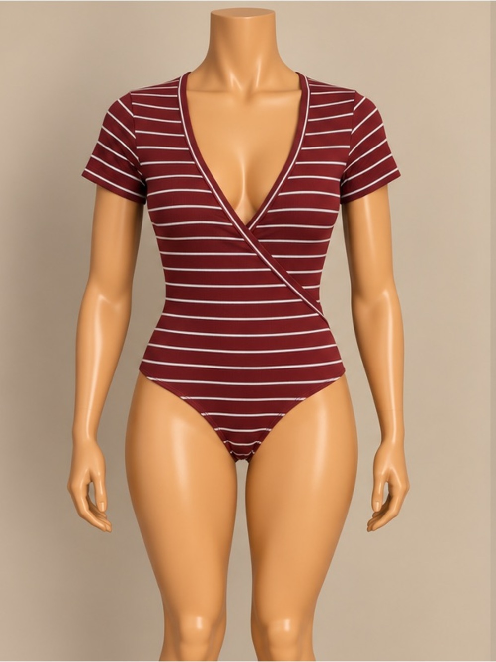 Charlotte Russe Burgundy White Striped Ribbed Surplice Wrap Bodysuit XS NWOT